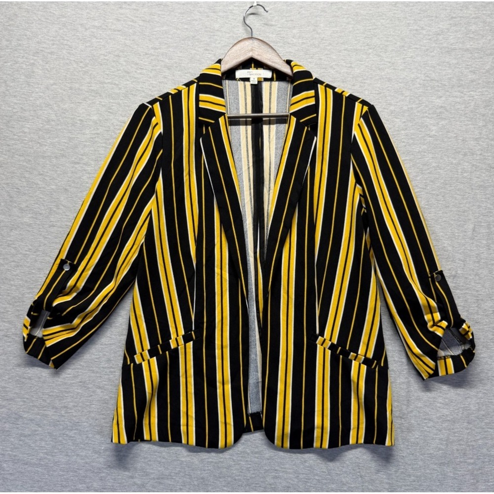 89th & Madison Blazer Jacket Womens M Yellow Black Striped Notch Lapel Business
